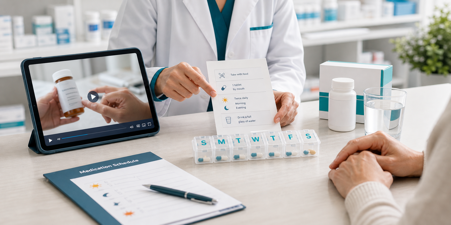 Pharmacist explaining safe medication use to a patient